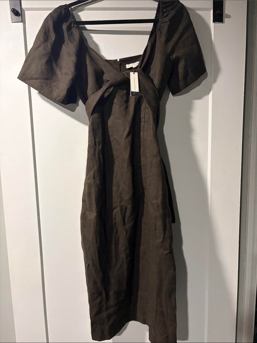 Banana republic 💯 linen Tie-Front Puff Sleeve Midi Dress in Dark Brown size 10P